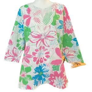 Talbots Boho Tunic Long Sleeve Embroidery Lace Women XL Pink Blue White Green